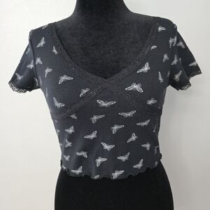 Cut & Paste Juniors Lace Baby Crop Tee Black W/butterflies  Size Small Y2k Fairy